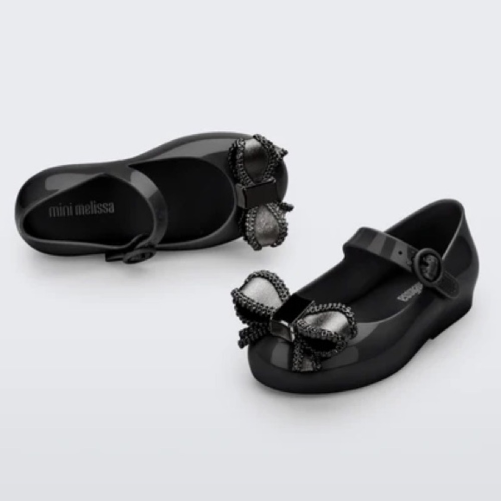MINI MELISSA BLACK GRAY SILVER BOW SWEET LOVE IV MARY JANE SHOES - Picture 3 of 7